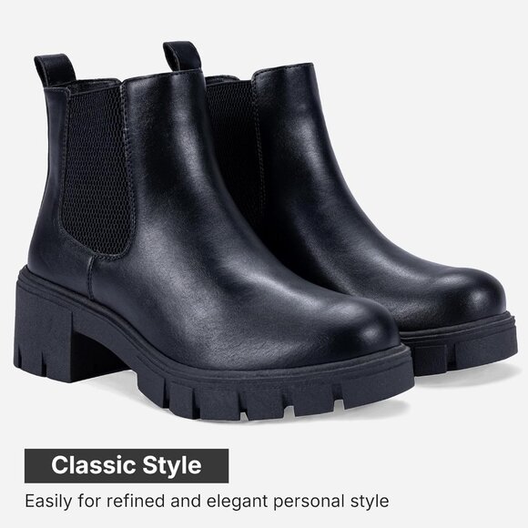 Vepose Women's Black Faux Chelsea Leather Lug Sole Elastic Slip on Ankle Booties - Picture 5 of 9